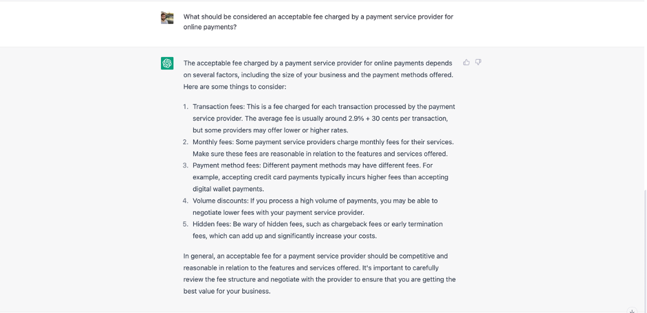 What should be considered an acceptable fee charged by a payment service provider for online payments?